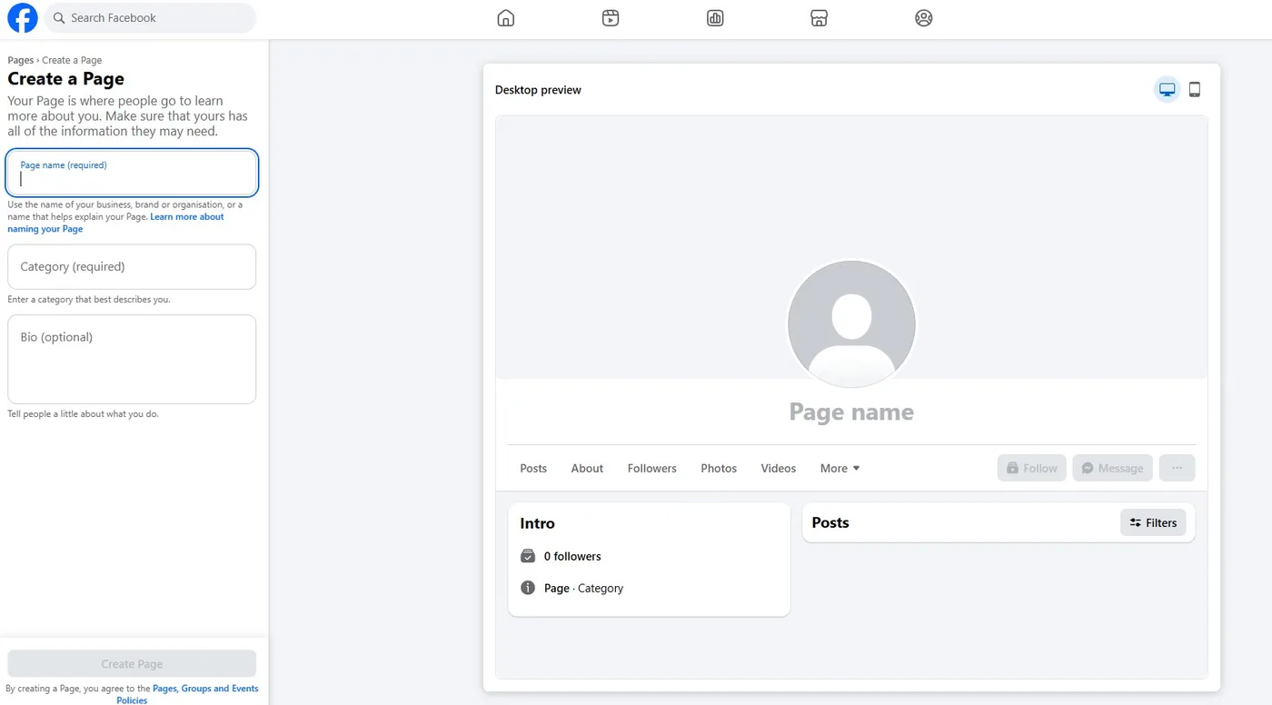 Facebook's Create a Page screen with the page name and category fields