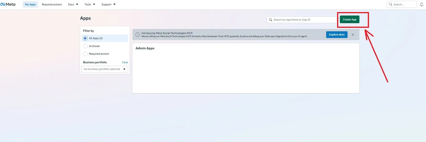 The Meta developers Apps page with the green Create App button highlighted top right