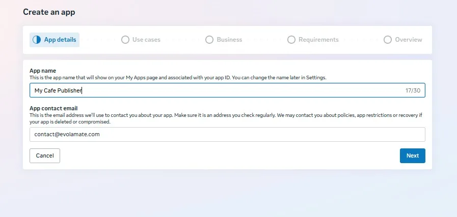 App details step: app name My Cafe Publisher and contact email fields