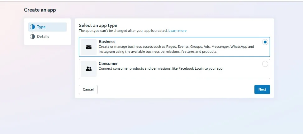 Select an app type screen with Business selected