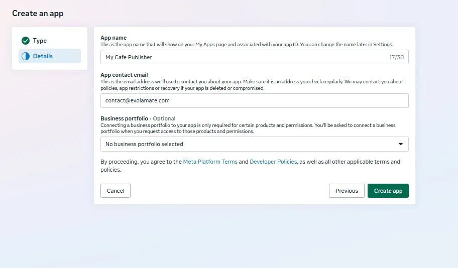 Details step showing name, email and optional business portfolio with the green Create app button