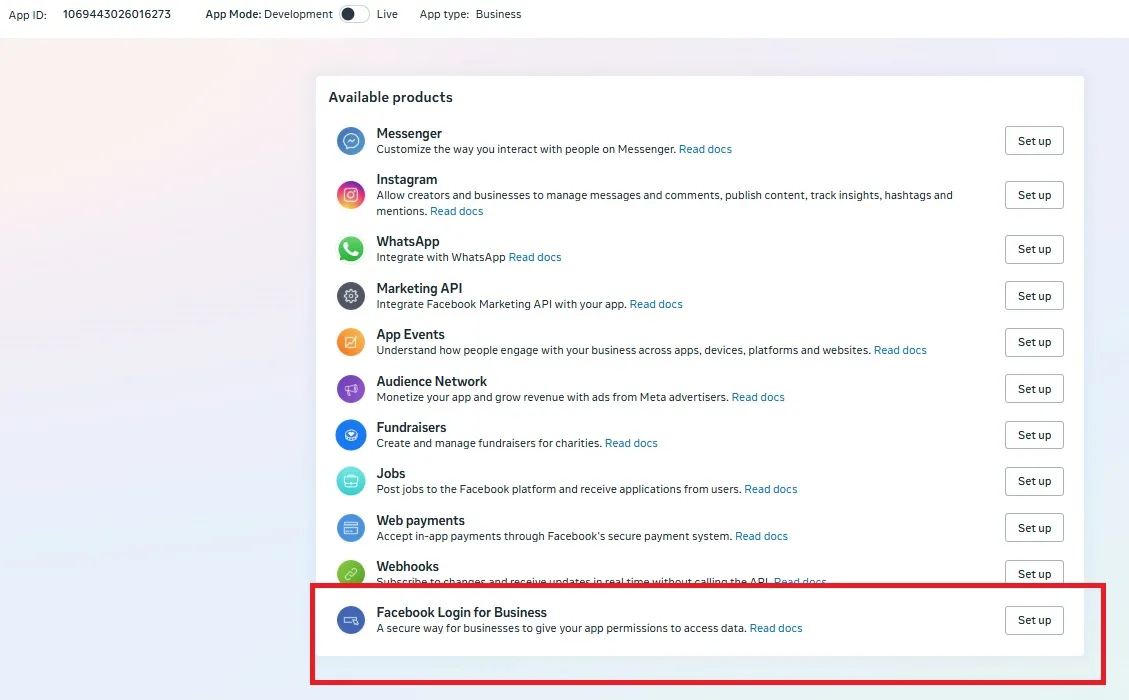 Available products list with Facebook Login for Business at the bottom and its Set up button
