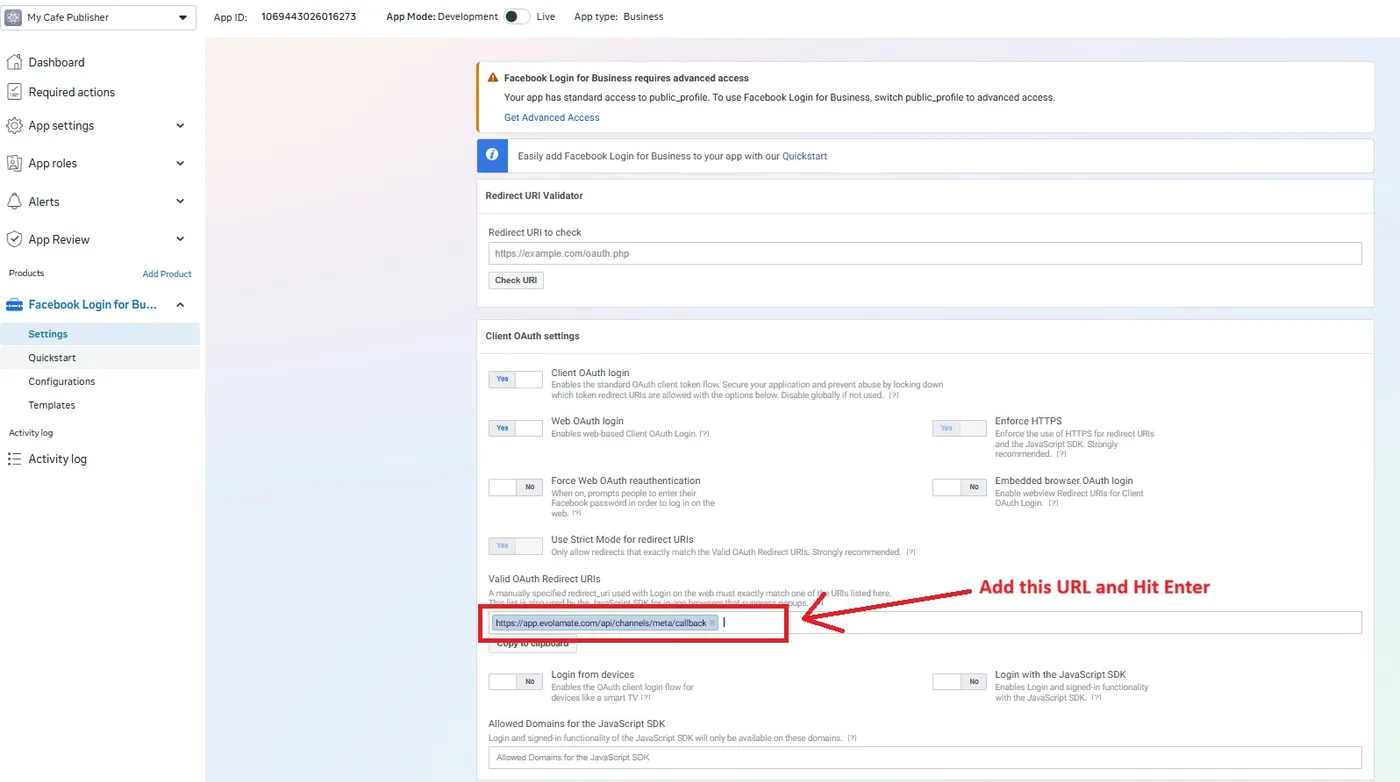 Client OAuth settings with the Evolamate callback URL entered in Valid OAuth Redirect URIs