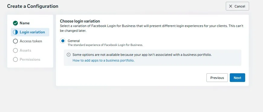 Login variation step with General selected