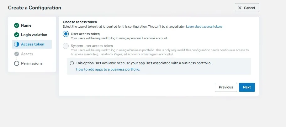 Access token step with User access token selected; the system-user option is greyed out
