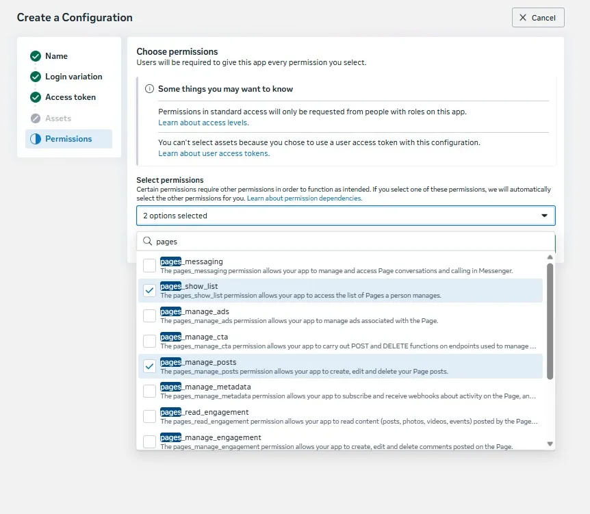 The permissions search box with pages permissions listed and pages_show_list ticked