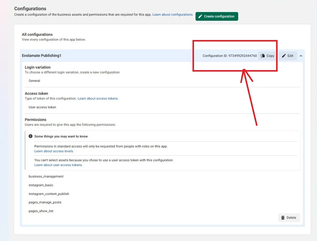 The finished configuration showing all five permissions and the Configuration ID with its Copy button