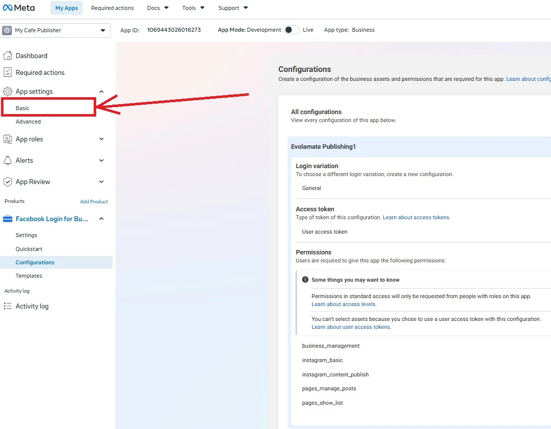 The left sidebar with App settings expanded and Basic selected