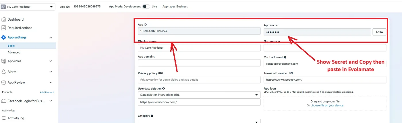 App settings Basic showing the App ID field and the App secret field with its Show button