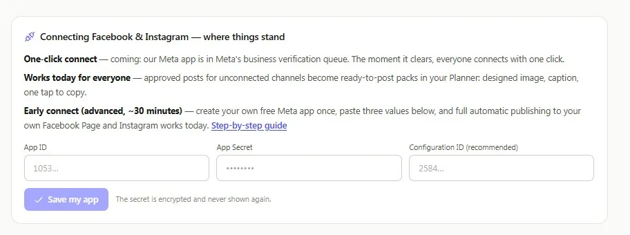 Evolamate's Early Connect form with the App ID, App Secret and Configuration ID fields filled and the Save my app button