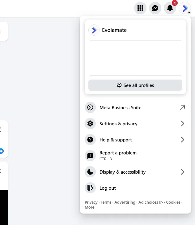 The Facebook profile-photo dropdown while switched into a business Page, showing Meta Business Suite, Settings and privacy, Help and support and other options