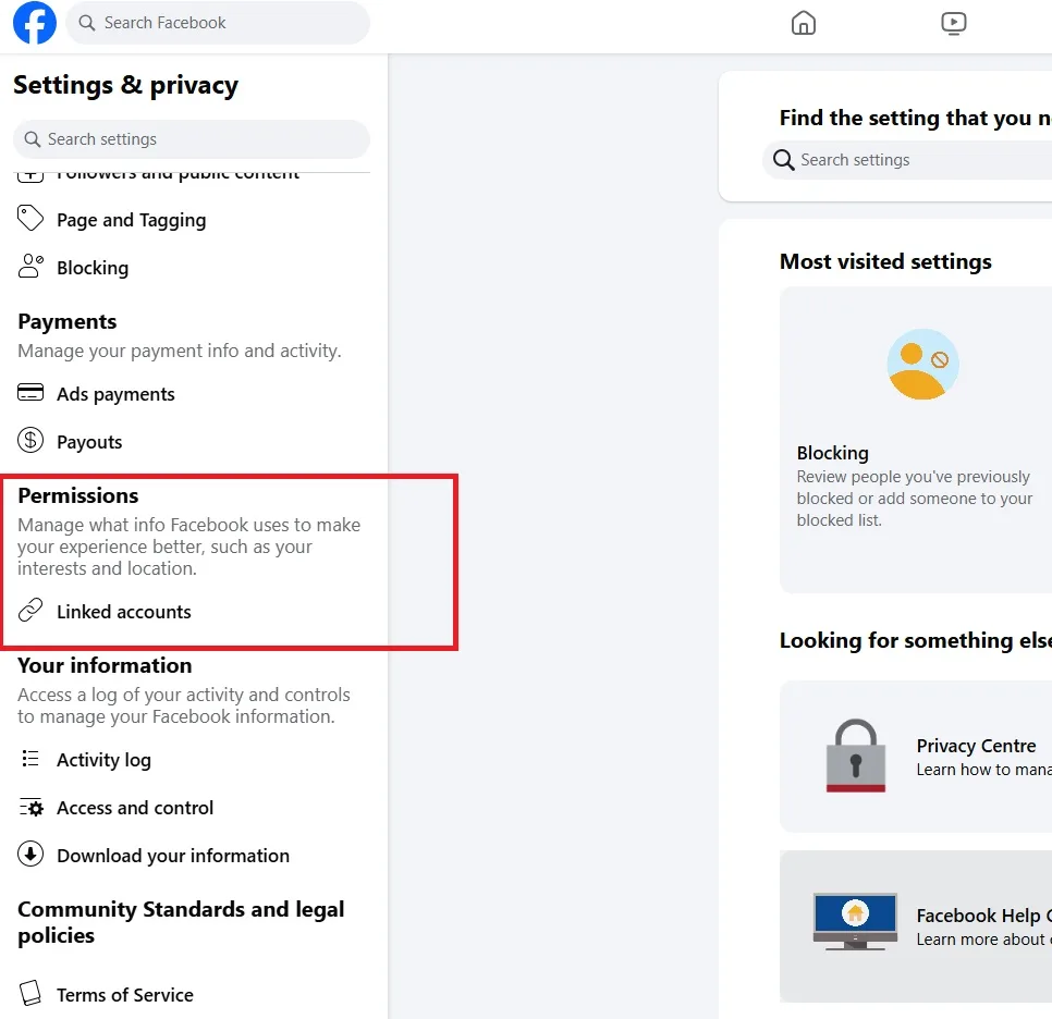 Facebook Settings and privacy with the Permissions section highlighted and Linked accounts beneath it