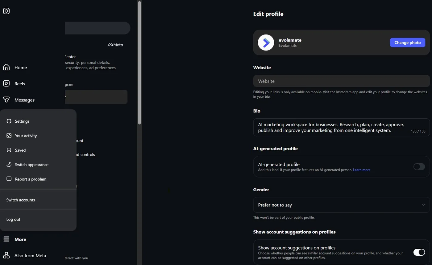 Instagram on the web with the More menu open in the left sidebar, showing Settings at the top of the list
