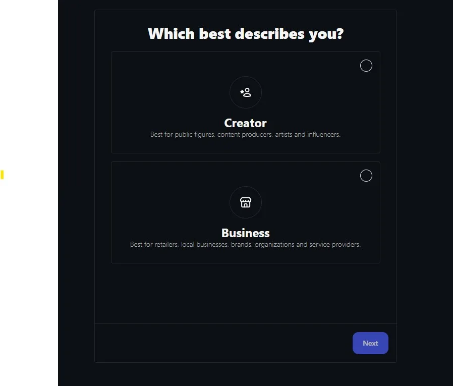Instagram's Which best describes you screen showing the Creator and Business options, with Business the one to select