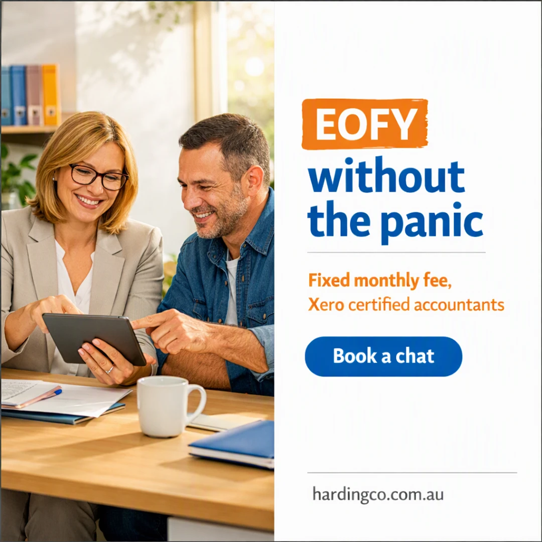 Finished post: an accountant walking a client through a report on a tablet, with the text “EOFY without the panic” “EOFY” “Fixed monthly fee, Xero certified accountants” “Book a chat”