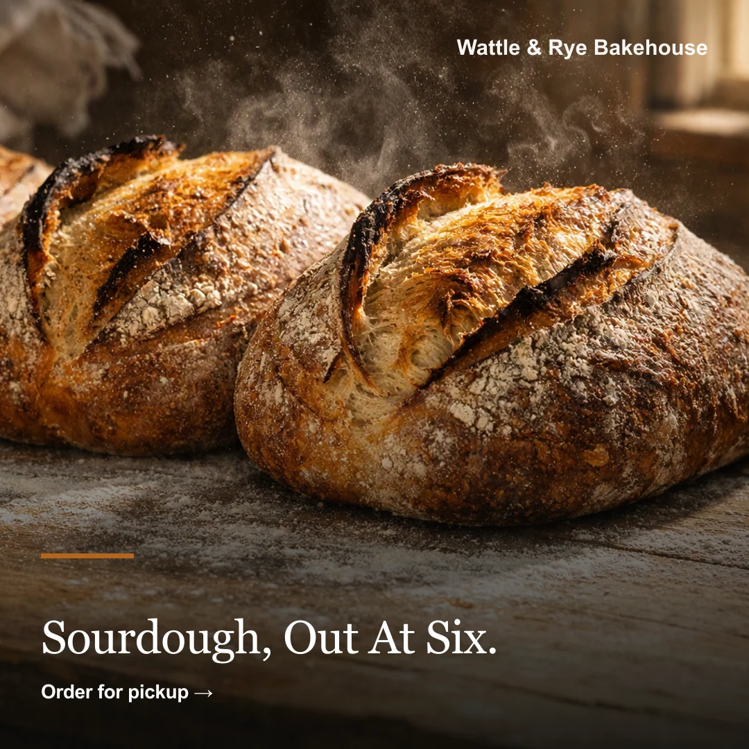 Instagram post for a bakery: crusty sourdough loaves on a floured bench, headline Sourdough, out at six