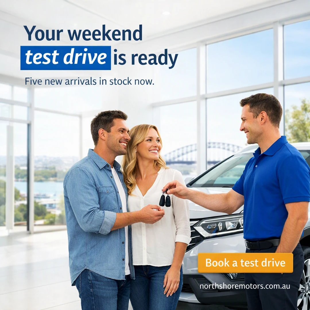 Facebook post for a car dealership: a salesperson handing keys to a couple beside a new SUV