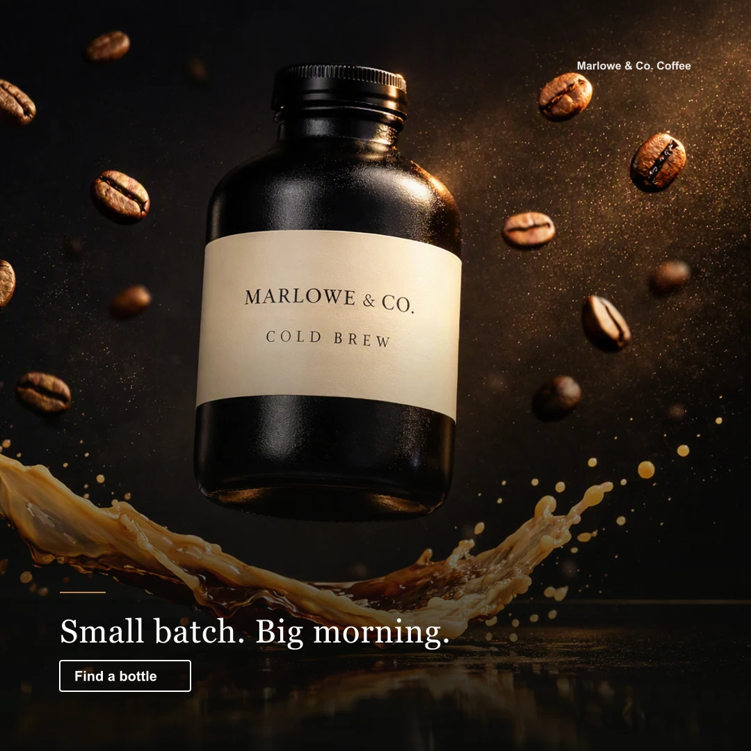Instagram post for a coffee roaster: a matte black bottle labelled Marlowe & Co. Cold Brew floating among suspended beans with the serif headline Small batch. Big morning.