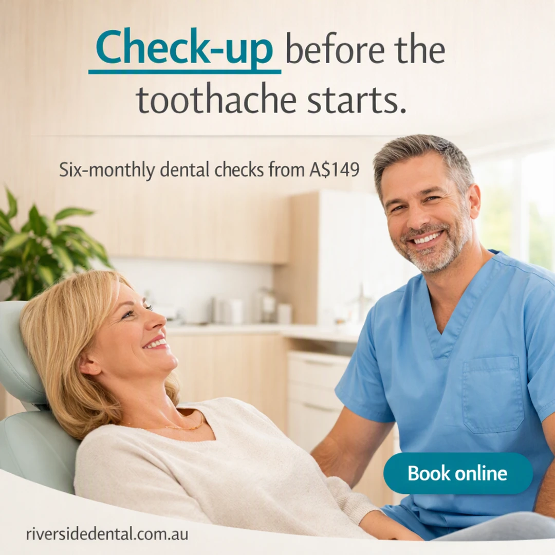 Finished post: a dentist beside a relaxed patient in a modern surgery, with the text “Check-up before the toothache starts” “Check-up” “Six-monthly dental checks from A$149” “Book online”