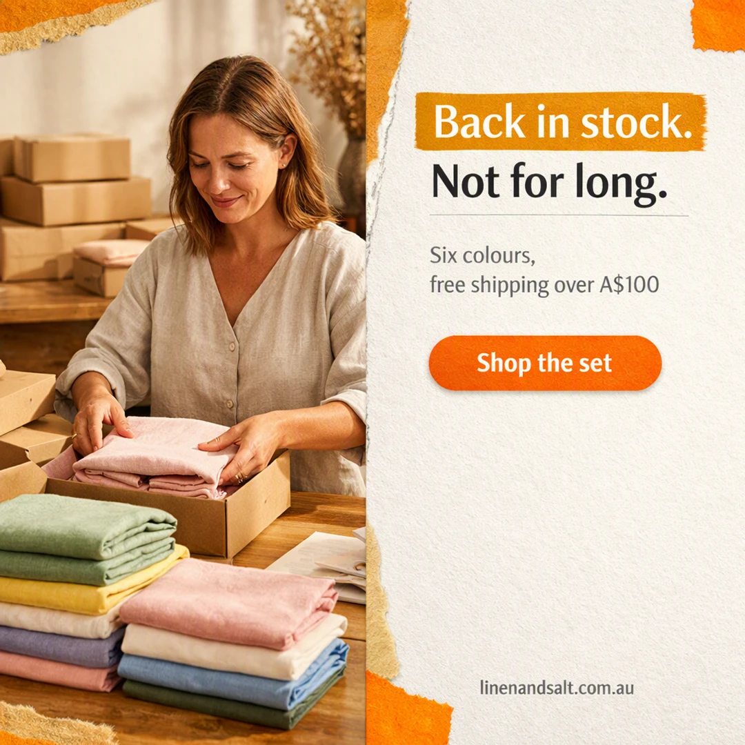 Instagram post for an online clothing brand: a founder packing linen orders in a sunlit studio