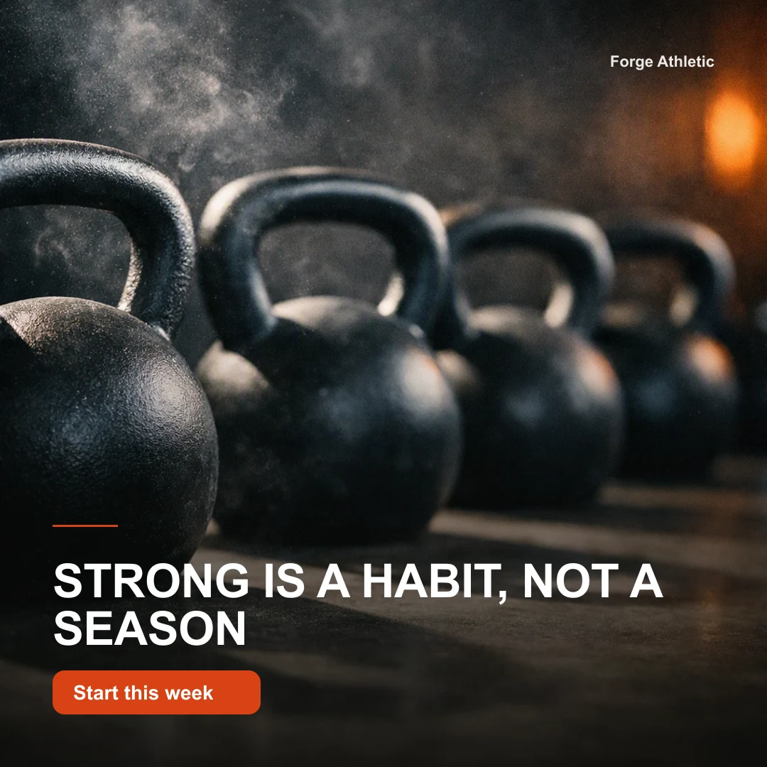 Instagram post for a gym: matte black kettlebells in raking light with the headline Strong is a habit, not a season