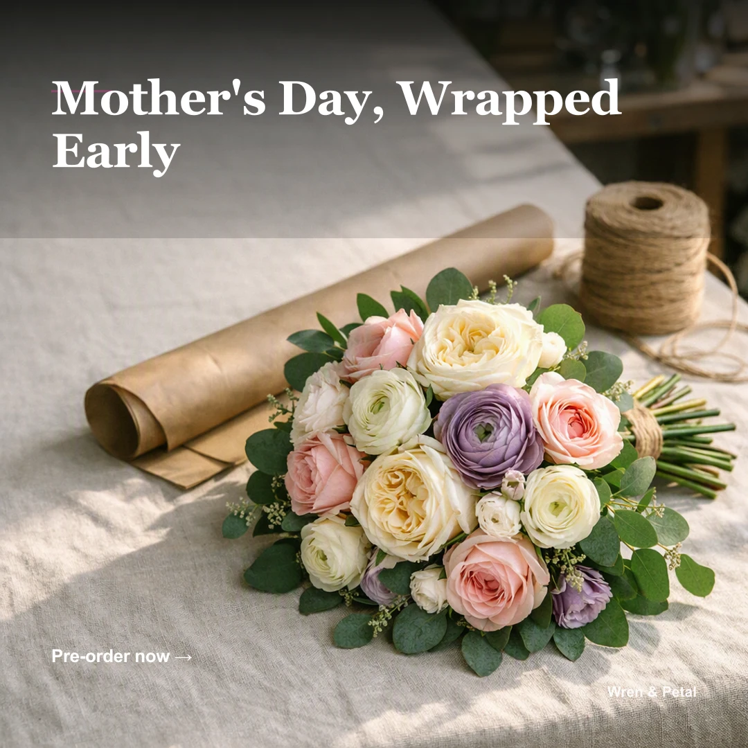 Instagram post for a florist: a hand-tied bouquet in soft morning light with the serif headline Mother's Day, wrapped early