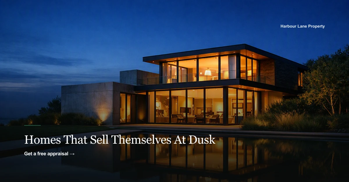 LinkedIn post for a real estate agency: a modern architectural home glowing at blue-hour dusk over a mirror-still pool, with the serif headline Homes that sell themselves at dusk