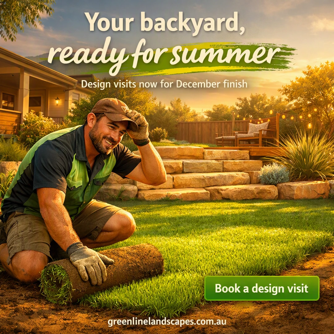 Finished post: a landscaper laying turf beside sandstone steps at golden hour, with the text “Your backyard, ready for summer” “ready for summer” “Design visits now for December finish” “Book a design visit”