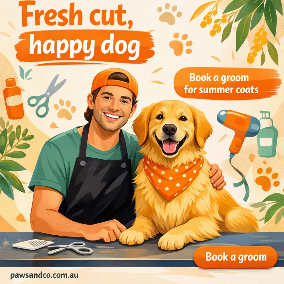 Finished post: a groomer beside a freshly groomed golden retriever, with the text “Fresh cut, happy dog” “happy dog” “Book a groom for summer coats” “Book a groom”