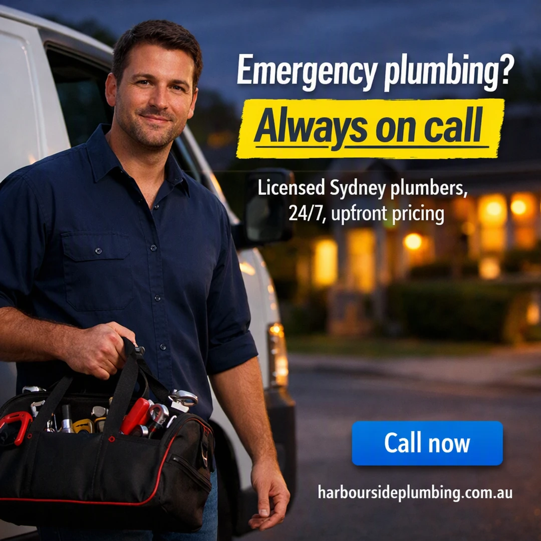 A post Evolamate made for a plumbing business: a plumber at his van with the headline Emergency plumbing, always on call