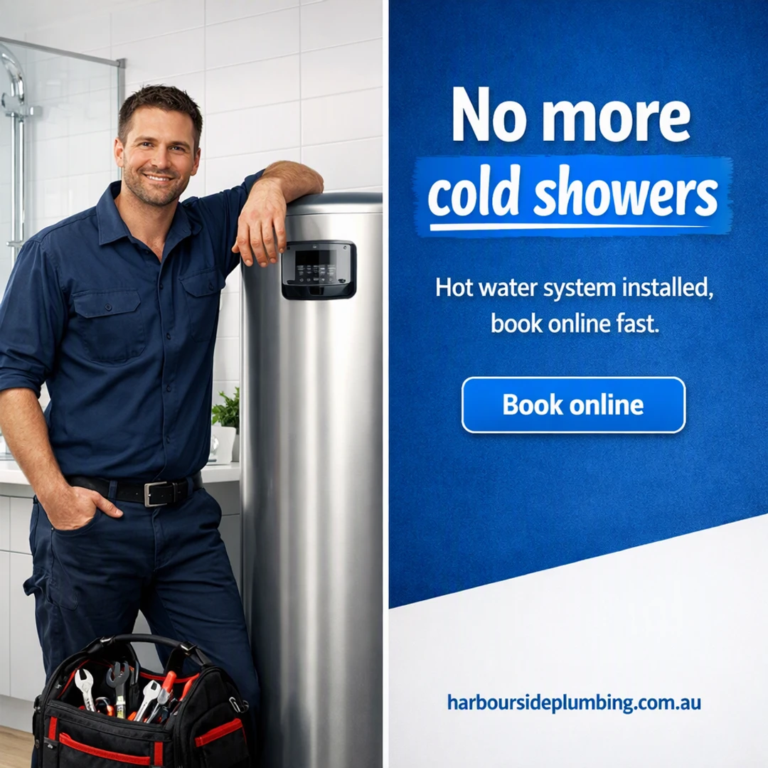 Finished post: a plumber beside a newly installed hot water system, with the text “No more cold showers” “cold showers” “Hot water system installed, book online fast” “Book online”