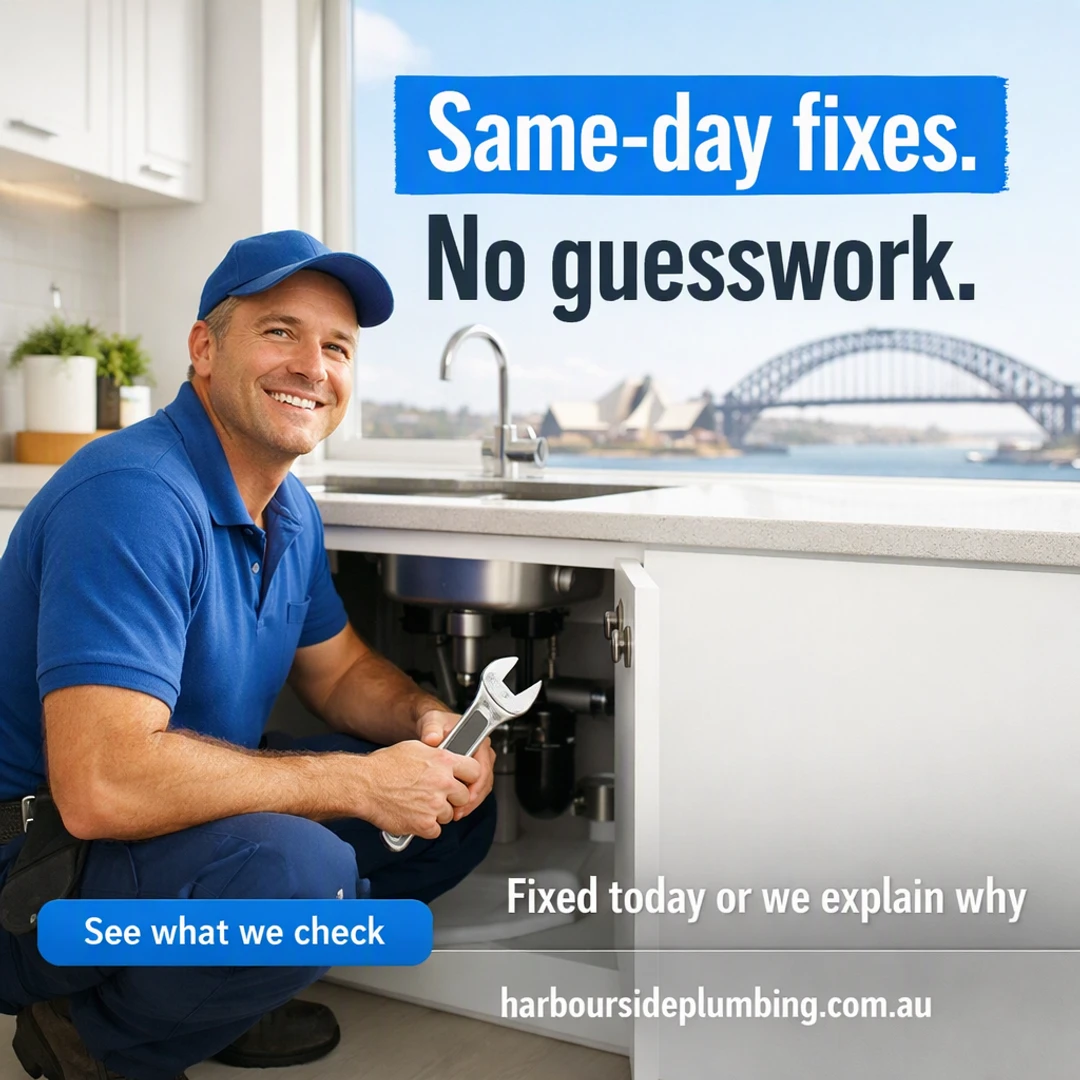 Facebook post for a plumber: gloved hands tightening a chrome tap fitting over a white basin, headline Same-day fixes. No guesswork.
