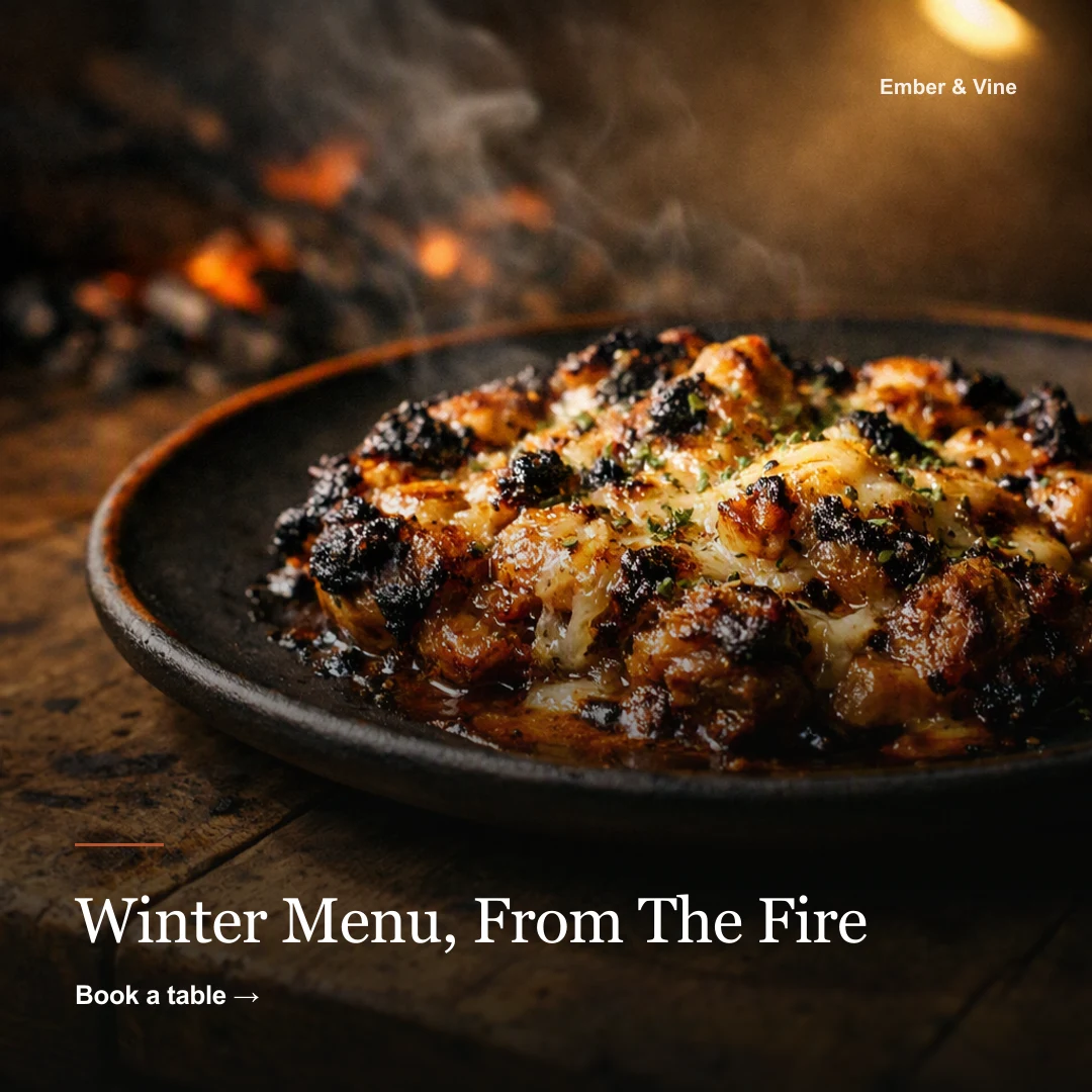 Instagram post for a restaurant: a wood-fired dish on dark ceramic with ember glow and the serif headline Winter menu, from the fire