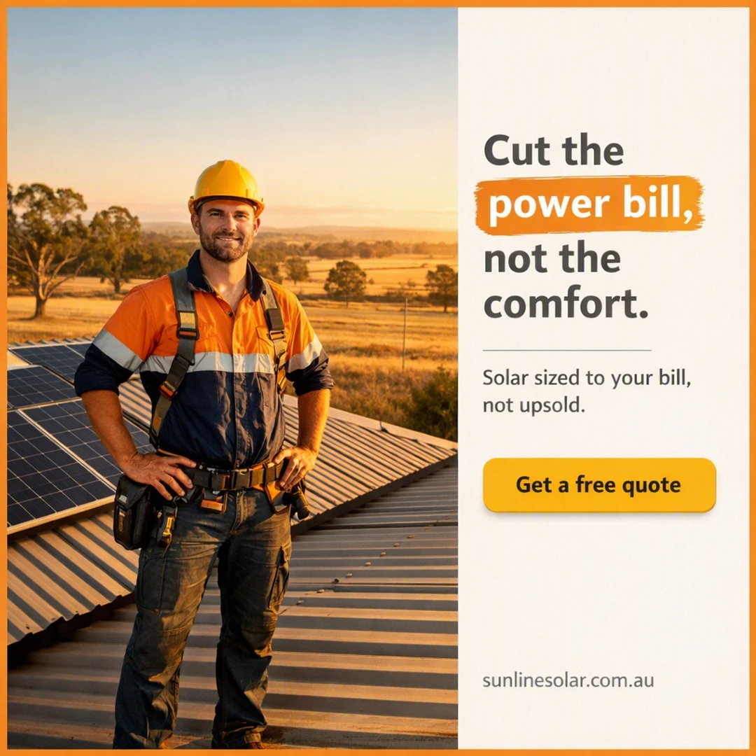 Finished post: a solar installer in hi-vis on a country tin roof, with the text “Cut the power bill, not the comfort” “power bill” “Solar sized to your bill, not upsold” “Get a free quote”