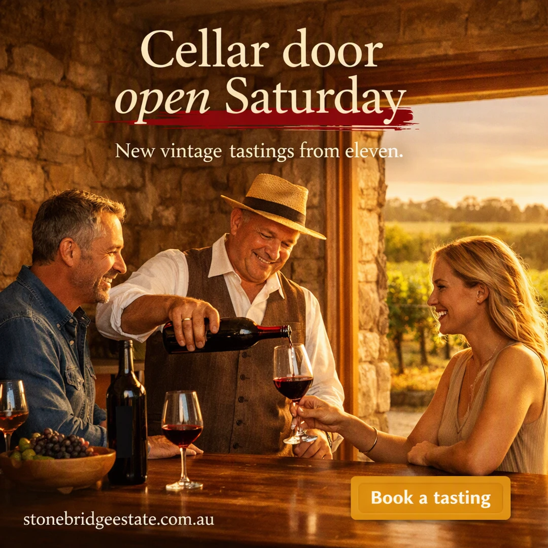 Finished post: a winemaker pouring red wine for guests at a stone cellar door, with the text “Cellar door open Saturday” “open Saturday” “New vintage tastings from eleven” “Book a tasting”